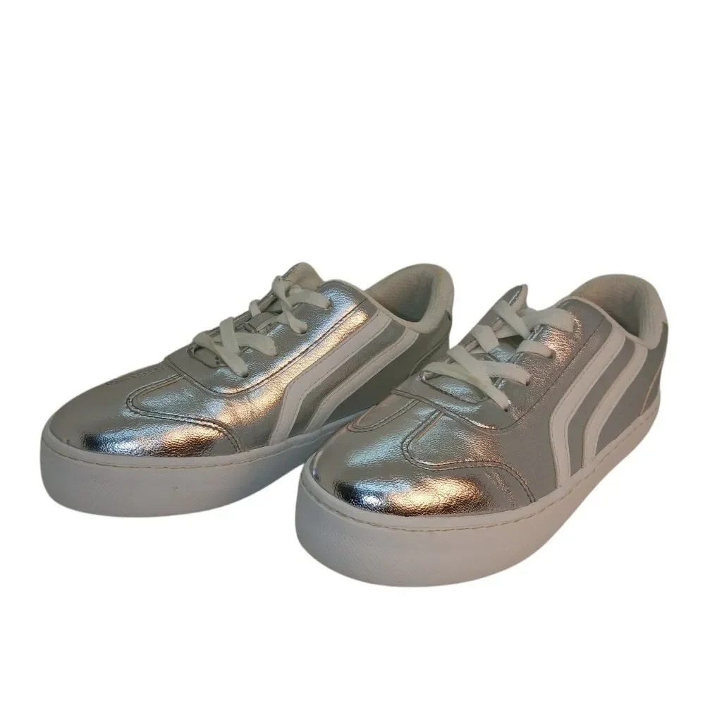 CAT & JACK Girls Metallic Silver & White Casual Sneakers - Size: 2